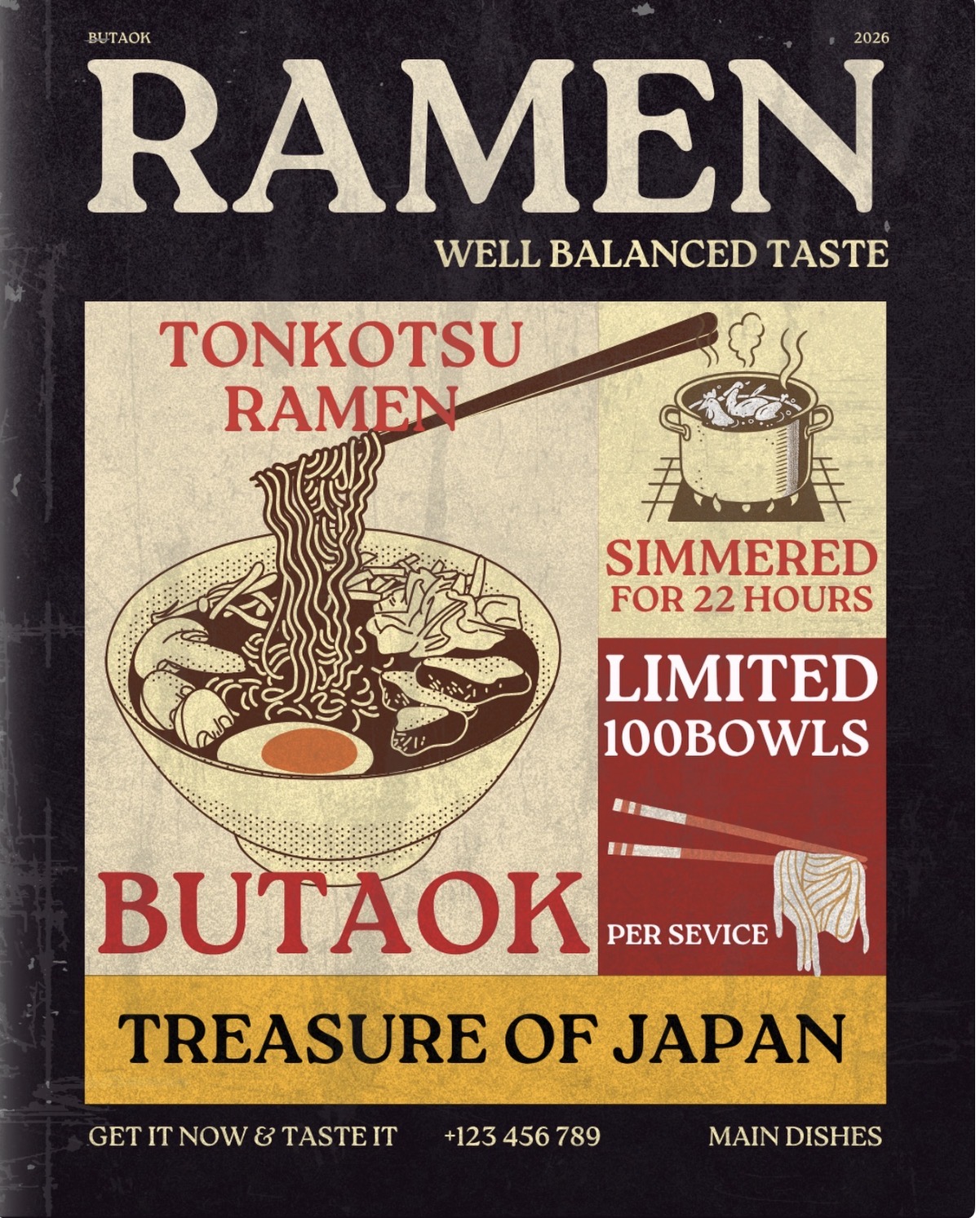 BUTAOK tonkotsu ramen poster — limited 100 bowls per service